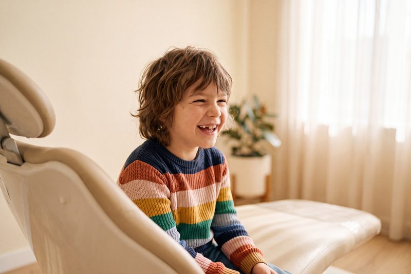 Enfant souriant installé dans un fauteuil de consultation dentaire